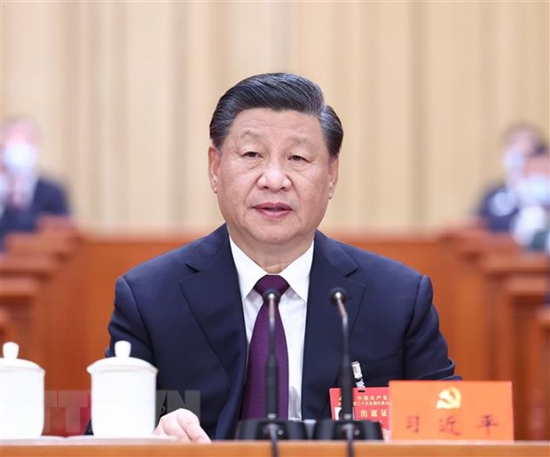 Tổng Bí thư Ban chấp hành Trung ương Đảng Cộng sản, Chủ tịch nước Trung Quốc Tập Cận Bình tại phiên bế mạc Đại hội đại biểu toàn quốc lần thứ XX Đảng Cộng sản Trung Quốc ở thủ đô Bắc Kinh, ngày 22/10/2022