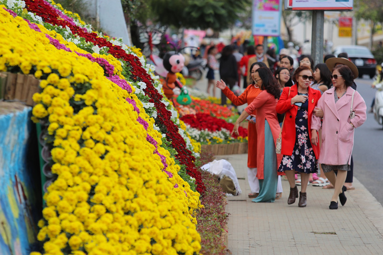 Hàng chục ngàn chậu hoa tươi được săp xếp thành thảm hoa tươi, tiểu cảnh dọc hai bên đường Lê Đại Hành thu hút rất nhiều du khách tham quan, chụp hình từ sáng cho tới tối muộn