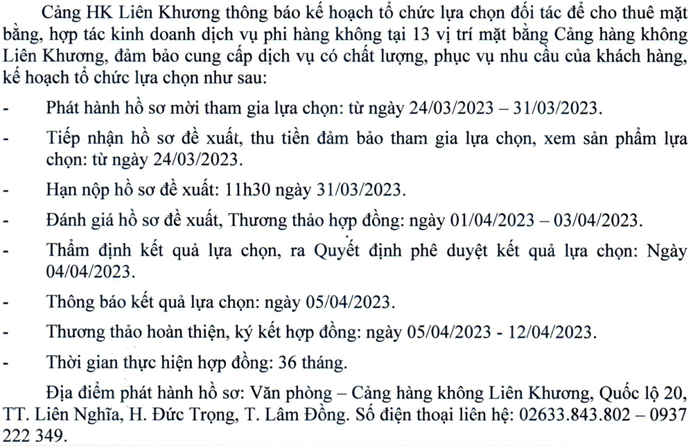 Thông báo mời tham gia lựa chọn - Cảng HK Liên Khương