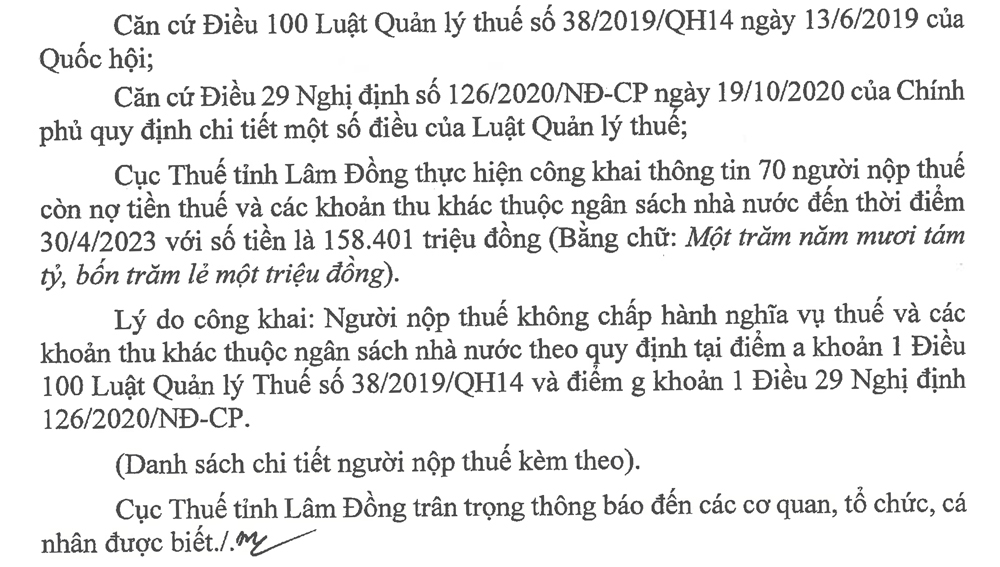 Thông báo về việc công khai danh sách người nộp thuế nợ tiền thuế và các khoản thu khác thuộc ngân sách nhà nước