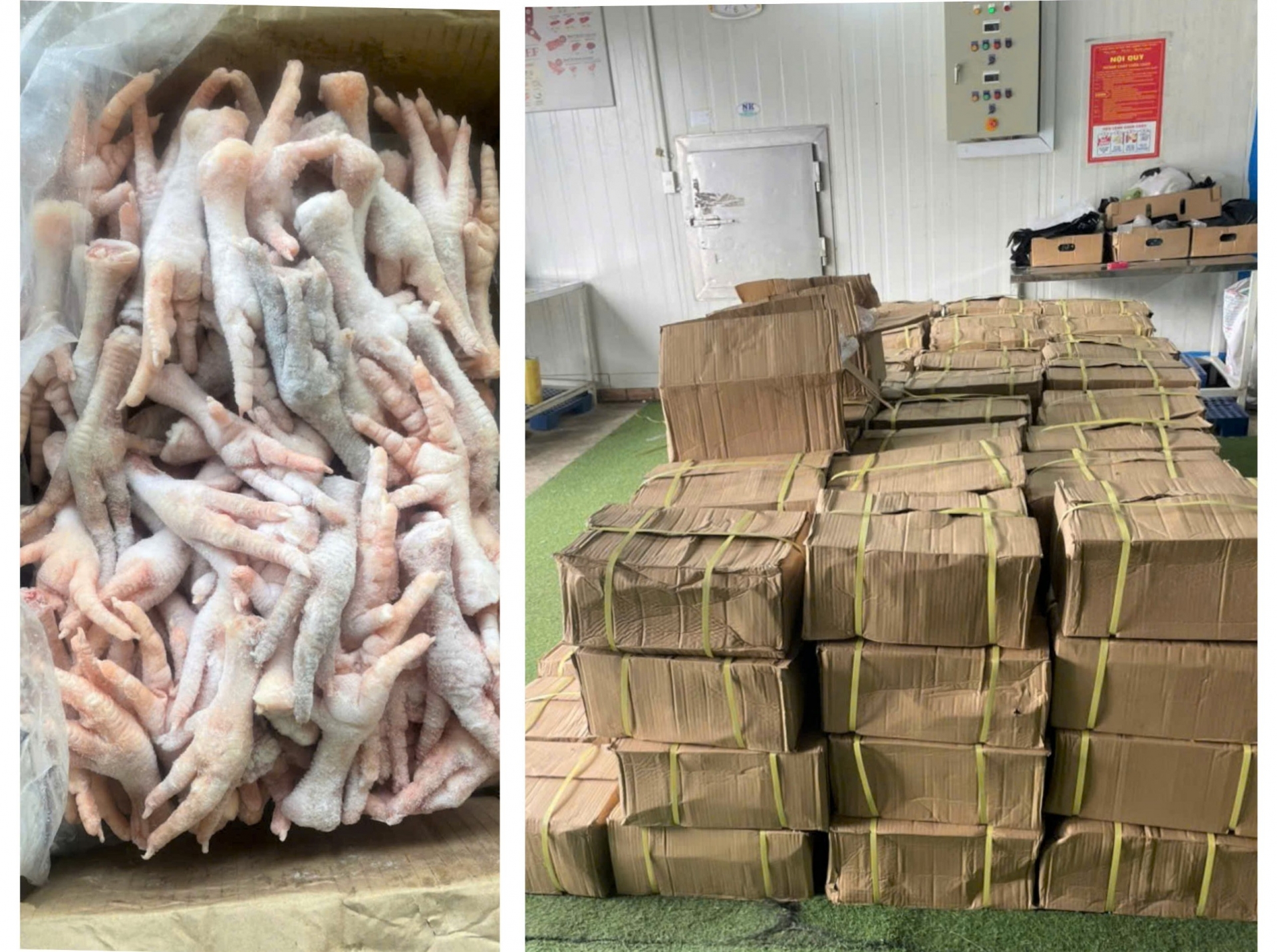 Số lượng lớn chân gà đông lạnh không rõ nguồn gốc xuất xứ được lực lượng công an phát hiện, thu giữ