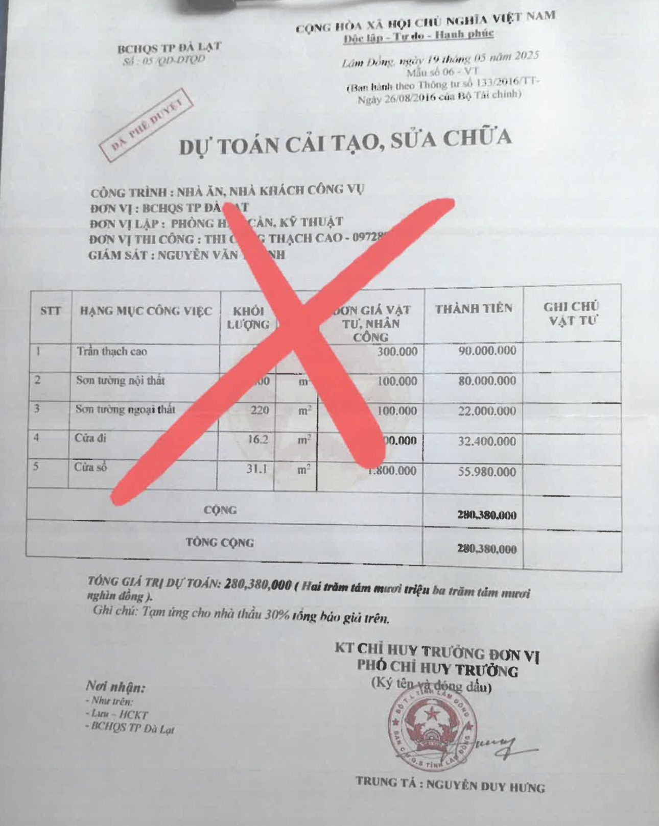 Một văn bản giả mạo của các đối tượng dùng để lừa đảo