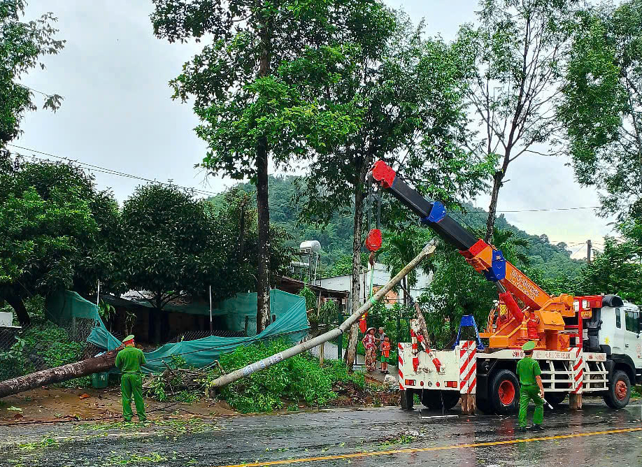 Lực lượng chức năng có mặt kịp thời điều tiết giao thông, cắt tỉa, di chuyển cây và trụ đèn đường