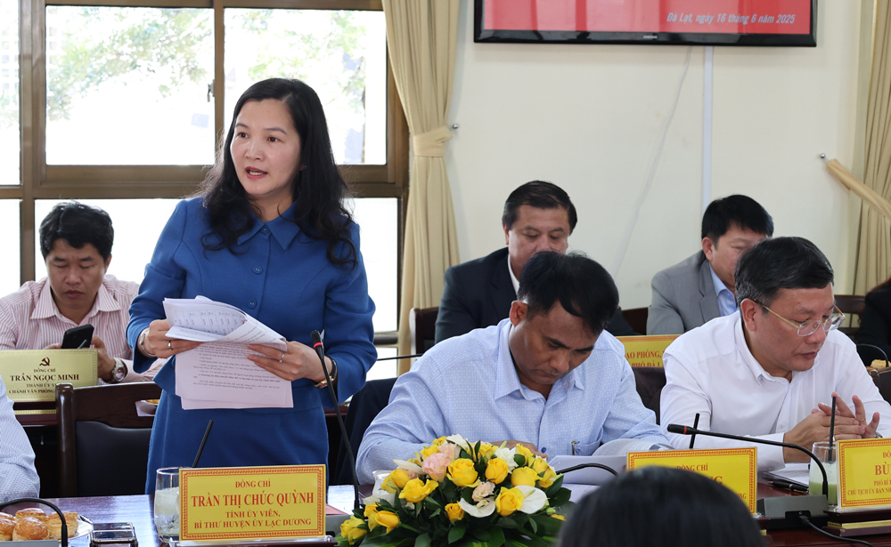 Đồng chí Trần Thị Chúc Quỳnh - Bí thư Huyện ủy Lạc Dương báo cáo tại buổi làm việc