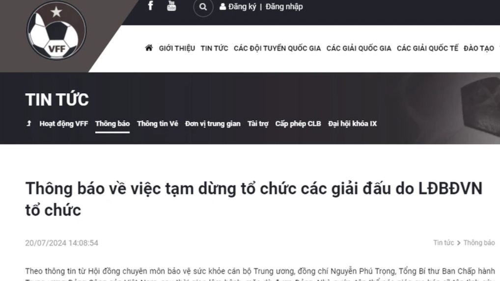VFF thông báo tạm dừng tổ chức các giải bóng đá kể từ ngày 20/7