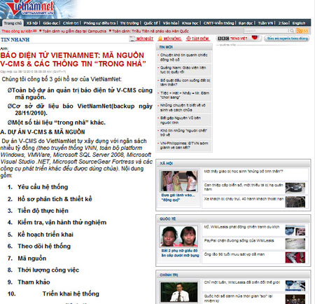 Ảnh chụp màn hình bài viết "phơi bày" VietNamNet.
