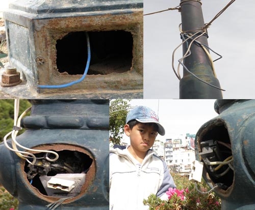 Cháu Nguyễn Lê Như Long ở 90B ấp Ánh Sáng nói con hơi sợ điện giật nhưng cũng chưa sợ lắm vì cột chưa ngã.