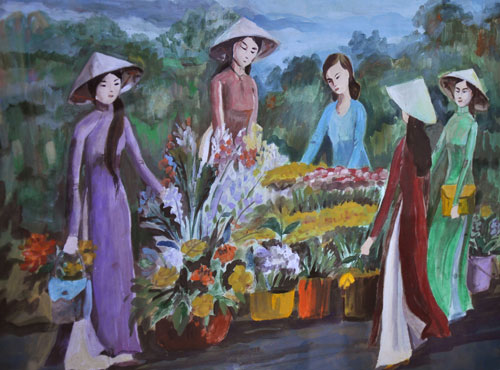 Quán hoa với sinh viên (Tranh bột màu của HS Thảo Nguyên)