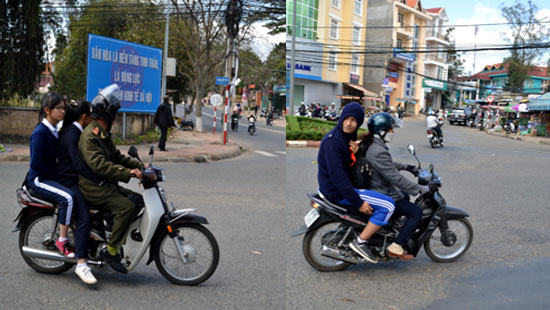 Nhiều phụ huynh đưa đón con em đến trường đã vi phạm trong việc chở người còn không đội mũ bảo hiểm