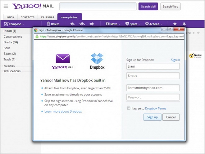 Yahoo kết hợp Dropbox để gửi mail dung lượng lớn
