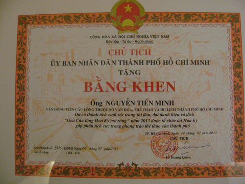 Những tấm bằng khen lưu giữ thành tích của Tiến Minh