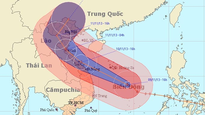 Dự báo đường đi của bão trong bản tin dự báo phát đi lúc 17g30 ngày 9-11 của Trung tâm khí tượng thủy văn trung ương