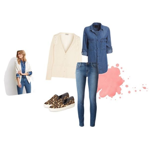Nếu bạn thích phối cả "cây" denim, có thể khoác thêm áo cardigan mỏng bên ngoài. Một đôi giày xỏ họa tiết da báo sẽ giúp tổng thể sinh động và ấn tượng hơn