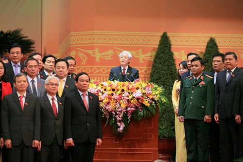 Tổng Bí thư Nguyễn Phú Trọng thay mặt Ban chấp hành Trung ương khóa XII phát biểu cảm ơn. Ảnh: VGP/Xuân Tuyến