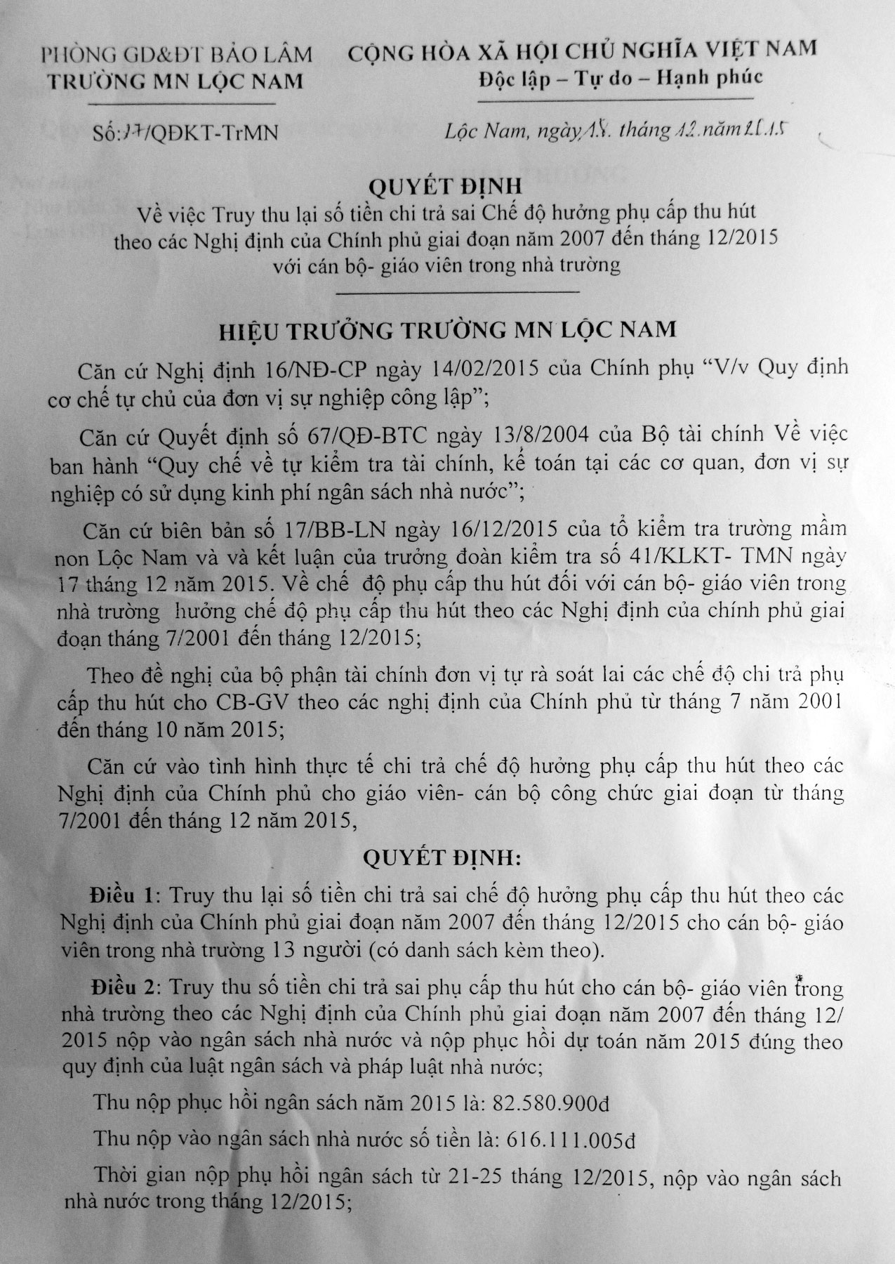Cần làm rõ việc truy thu phụ cấp của giáo viên ở Bảo Lâm
