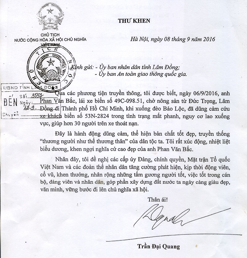 Thư khen của Chủ tịch nước
