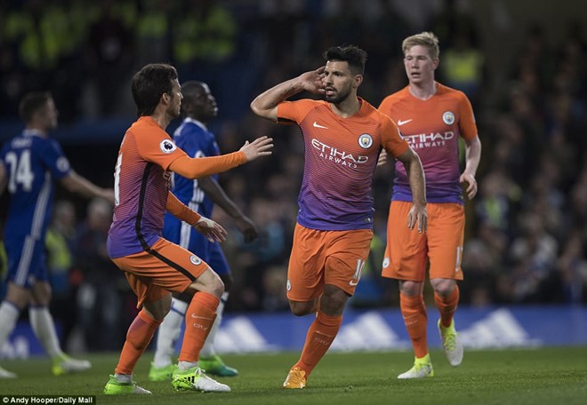 Aguero có bàn thắng sau sai lầm của Courtois. (Nguồn: Daily Mail)