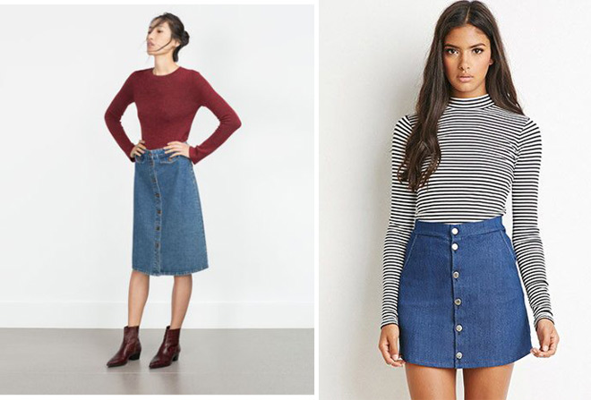 Chân váy jeans mặc cùng áo len sành điệu bất chấp thời tiết