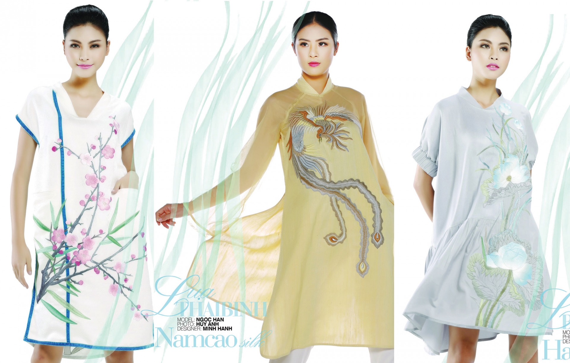 Một số mẫu thiết kế thời trang trên nền lụa tơ tằm Bảo Lộc. (Ảnh do NTK Minh Hạnh cung cấp)