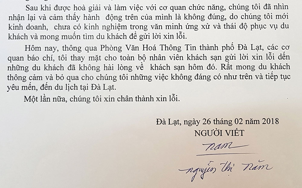 Xin lỗi du khách vì thái độ ứng xử chưa đúng mực