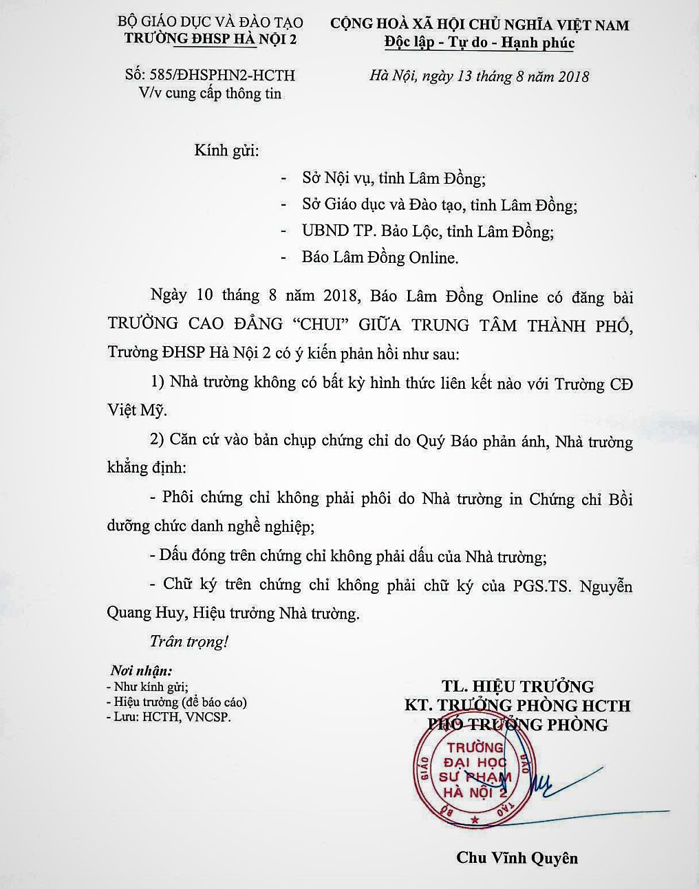Công văn của Trường ĐH Sư phạm Hà Nội 2 gửi tới Báo Lâm Đồng khẳng định tất cả những vấn đề liên quan đến nhà trường đều do Công ty Việt Mỹ Education - Trường CĐ Việt Mỹ giả mạo. Ảnh: H.Đ