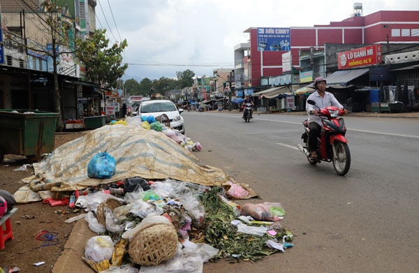 Rác ùn ứ bốc mùi hôi thối trên Quốc lộ 20 (chợ Tân Bùi, xã Lộc Châu)