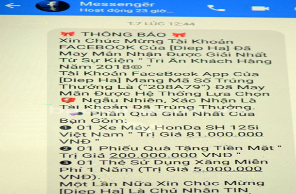 Cảnh giác với chiêu trò lừa đảo trúng thưởng qua Facebook