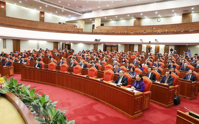 Các vị lãnh đạo Đảng, Nhà nước và các đại biểu dự hội nghị. (Ảnh: Trí Dũng/TTXVN)