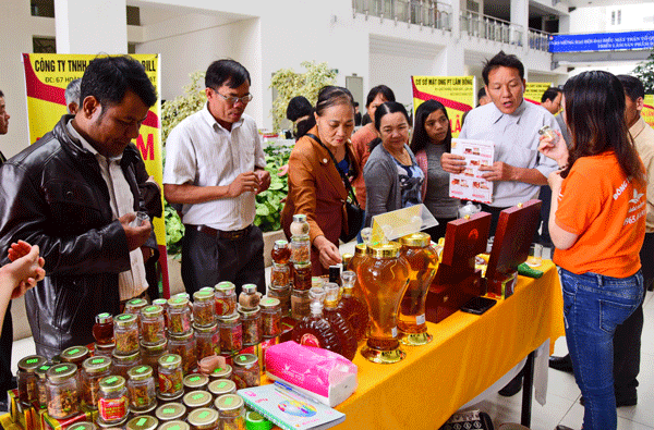 Đại biểu và người dân thích thú tham quan các gian hàng triển lãm trưng bày các sản phẩm mang thương hiệu “ Đà Lạt kết tinh kỳ diệu từ đất lành”
