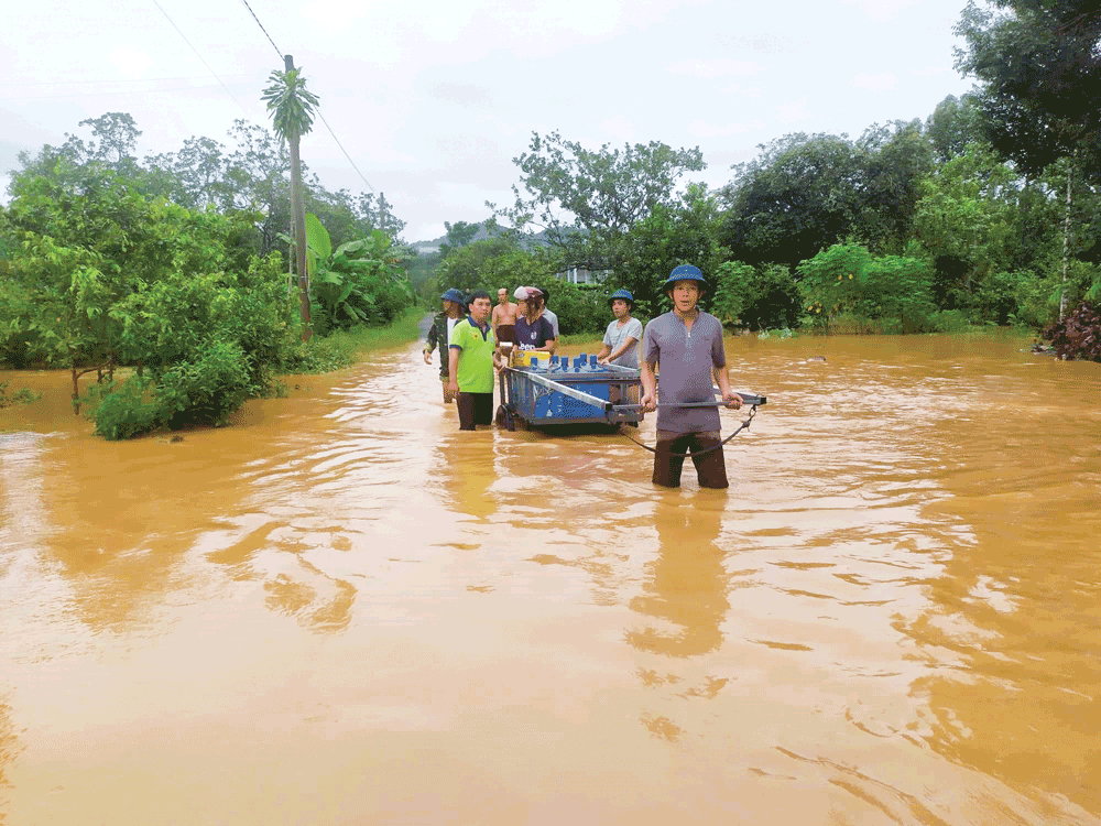 Nước ngọt được đưa vào cứu trợ cho các hộ dân vùng lũ.