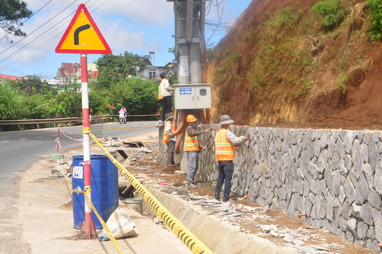 Bờ taluy hoa và đèn chiếu sáng đang được thi công