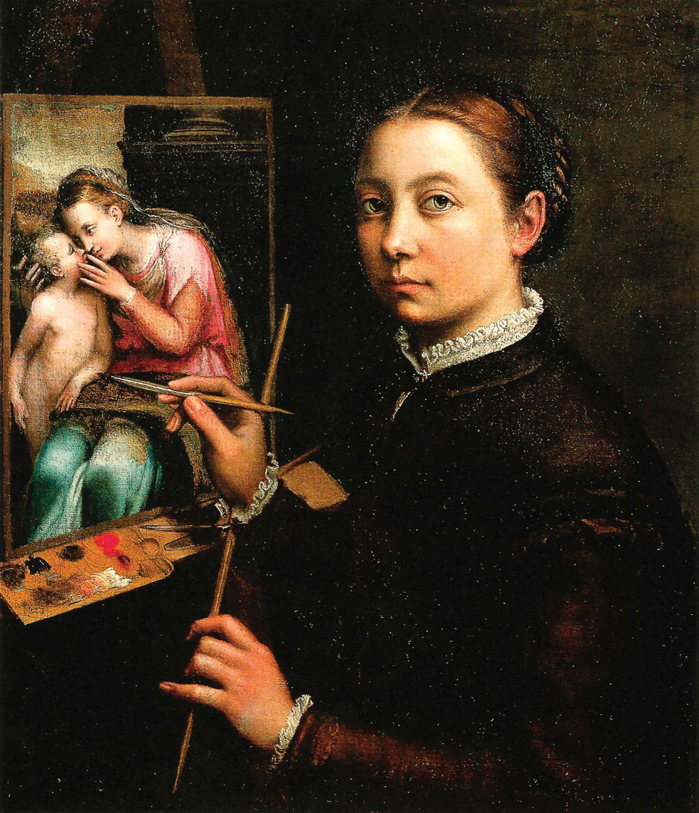 Tự họa ở Easel lúc đang thực hiện một bức tranh thánh của Sofonisba Anguissola, vẽ năm 1556-1557, kích thước 66cm x 57cm