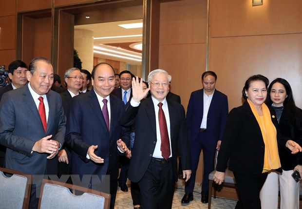 Tổng Bí thư, Chủ tịch nước Nguyễn Phú Trọng, Thủ tướng Nguyễn Xuân Phúc, Chủ tịch Quốc hội Nguyễn Thị Kim Ngân đến dự hội nghị