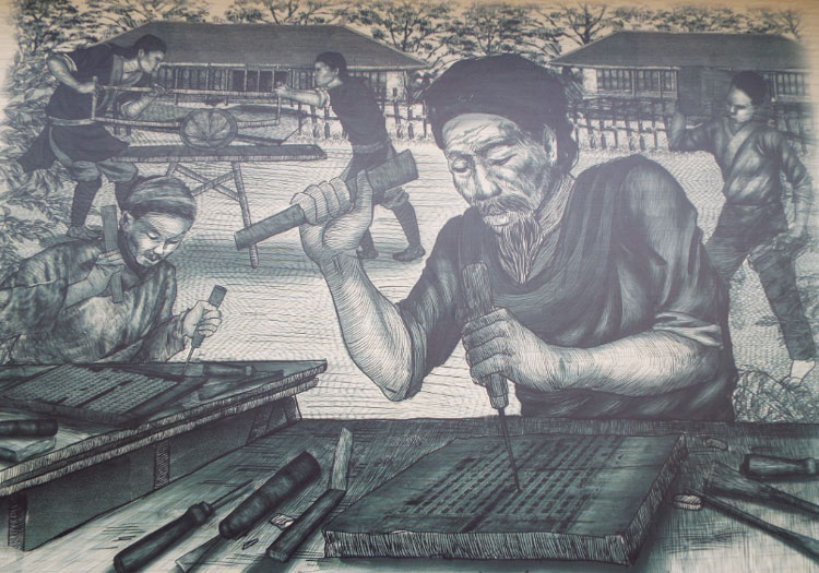 Khung cảnh khắc in Mộc bản dưới triều Nguyễn