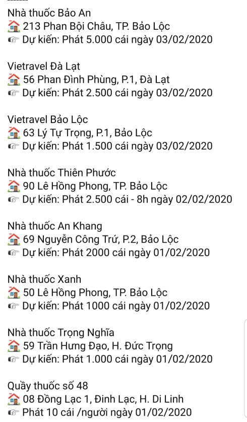  Danh sách một số nhà thuốc trên địa bàn tỉnh Lâm Đồng dự kiến phát khẩu trang y tế miễn phí cho người dân