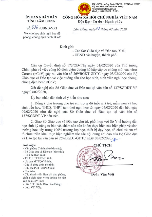 Văn bản cho phép học sinh tạm nghỉ học của UBND tỉnh thông báo chiều tối nay