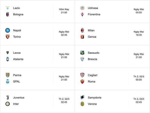 ịch thi đấu vòng 26 Serie A mùa giải 2019/2020.
