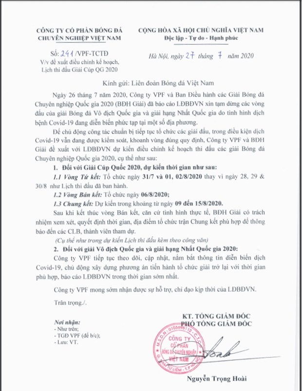 Bản đề xuất VPF gửi lên VFF về kế hoạch điều chỉnh lịch thi đấu cúp Quốc gia 2020. (Ảnh: Chụp màn hình)