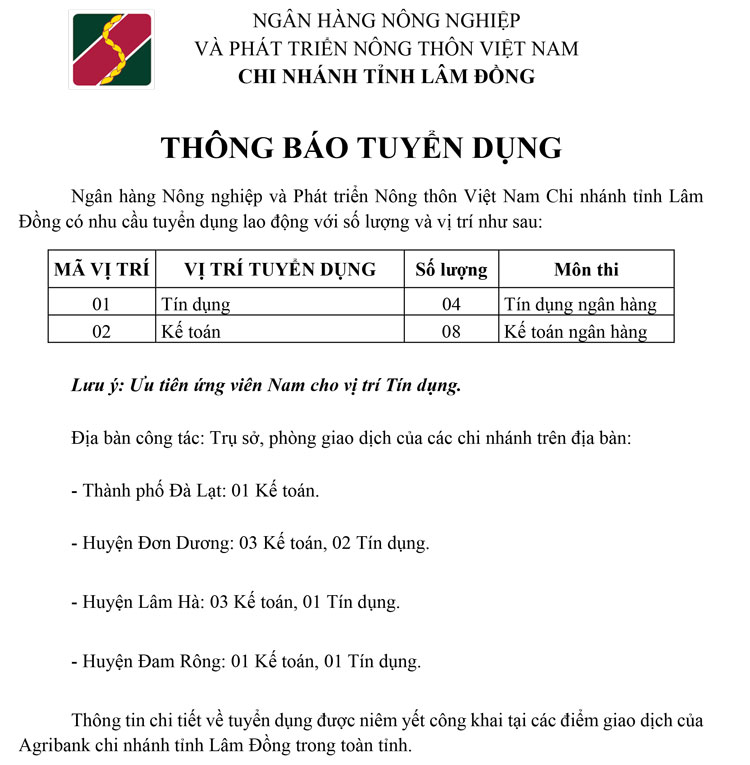 NGÂN HÀNG NÔNG NGHIỆP VÀ PHÁT TRIỂN NÔNG THÔN VIỆT NAM CHI NHÁNH TỈNH LÂM ĐỒNG: THÔNG BÁO TUYỂN DỤNG