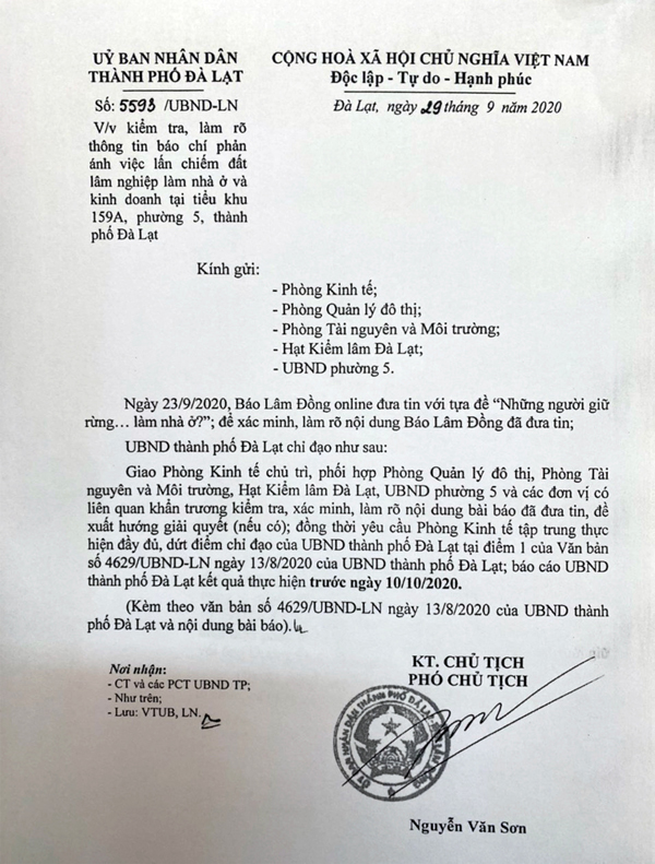 Văn bản chỉ đạo của UBND thành phố Đà Lạt