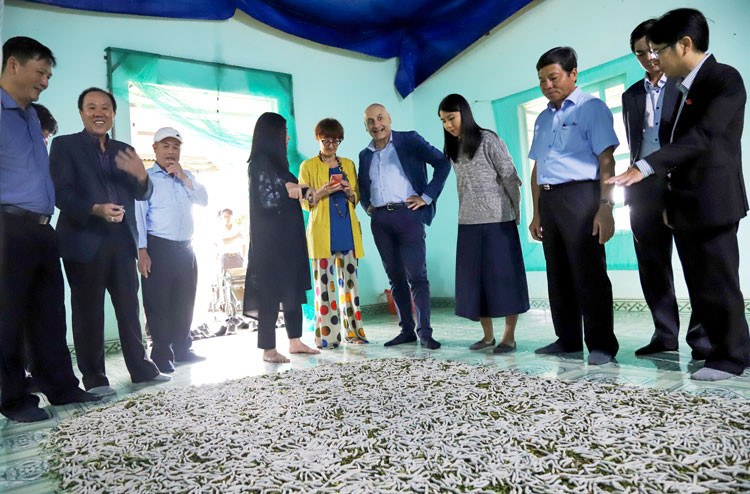 Ngài Đại sứ Antonio Alessandro và Phu nhân đến thăm quy trình nuôi tằm lớn tại một hộ dân trên địa bàn xã Đam B’ri