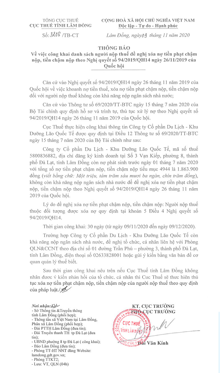 Thông báo về việc công khai người nộp thuế đề nghị xóa nợ tiền phạt chậm nộp, tiền chậm nộp theo Nghị quyết số 94/2019/QH14 ngày 26/11/2019 của Quốc hội