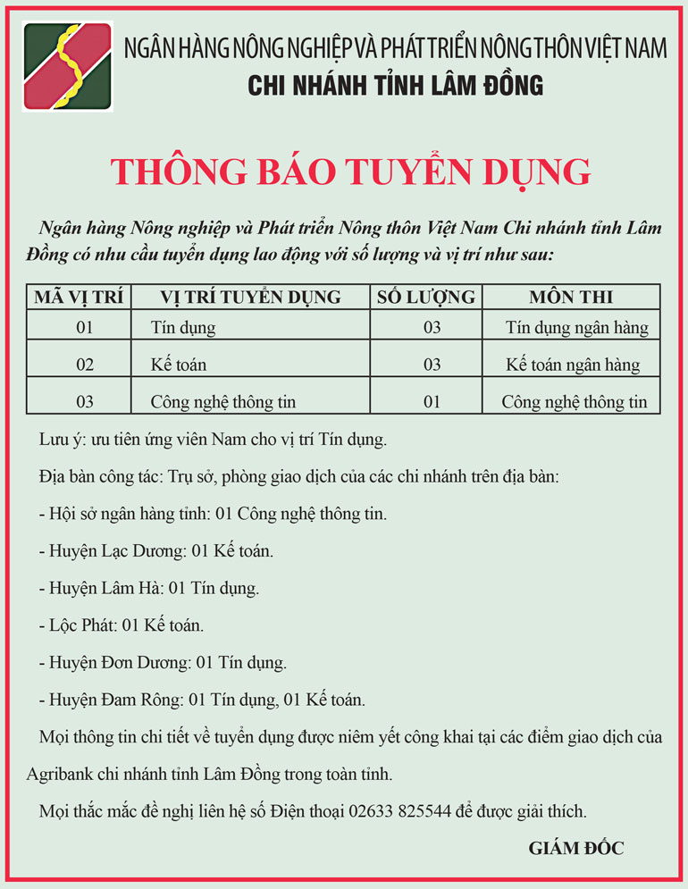 AGRIBANK Chi nhánh Lâm Đồng thông báo tuyển dụng
