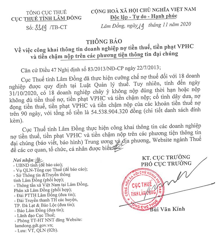 Thông báo về việc công khai thông tin doanh nghiệp nợ tiền thuế, tiền phạt VPHC và tiền chậm nộp trên các phương tiện thông tin đại chúng