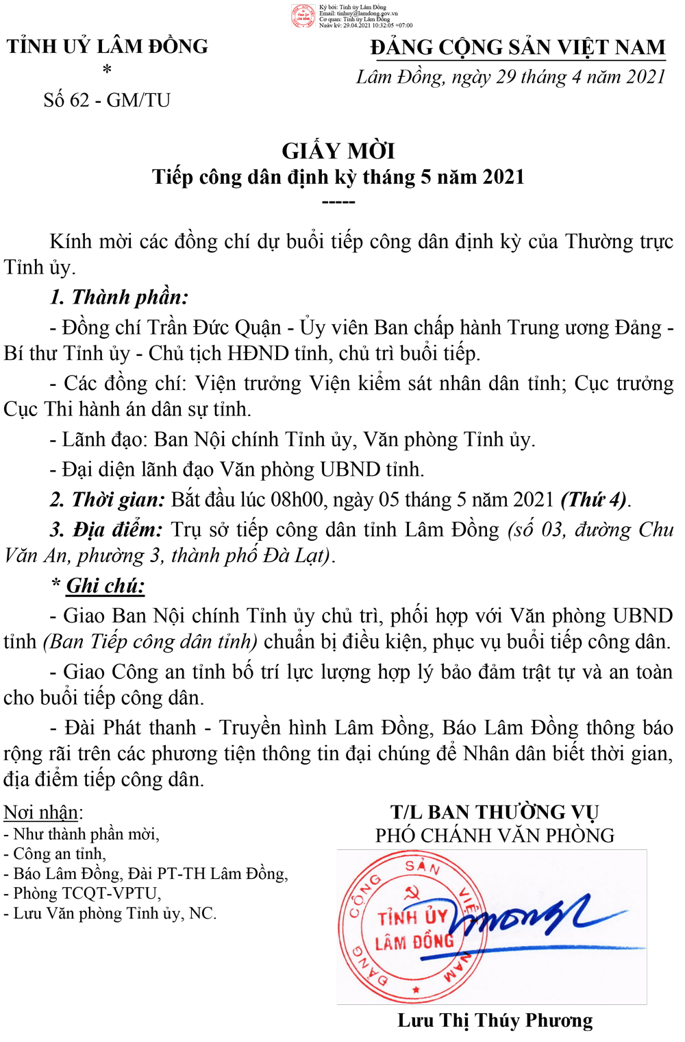 Lịch tiếp công dân định kỳ tháng 5 năm 2021 của Thường trực Tỉnh ủy