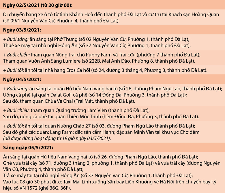 Lịch trình di chuyển tại Đà Lạt từ ngày 2/5 đến ngày 5/5 của bệnh nhân 3141 nhiễm Covid-19