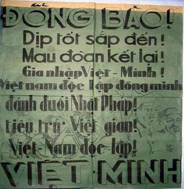 Khẩu hiệu của Việt Minh kêu gọi đồng bào gia nhập Việt Minh và đoàn kết đánh đuổi Nhật Pháp, tháng 8/1945. Ảnh: Tư liệu