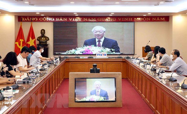 Quang cảnh hội nghị tại điểm cầu Thông tấn xã Việt Nam, số 5 Lý Thường Kiệt, Hà Nội. (Ảnh: Phạm Kiên/TTXVN)