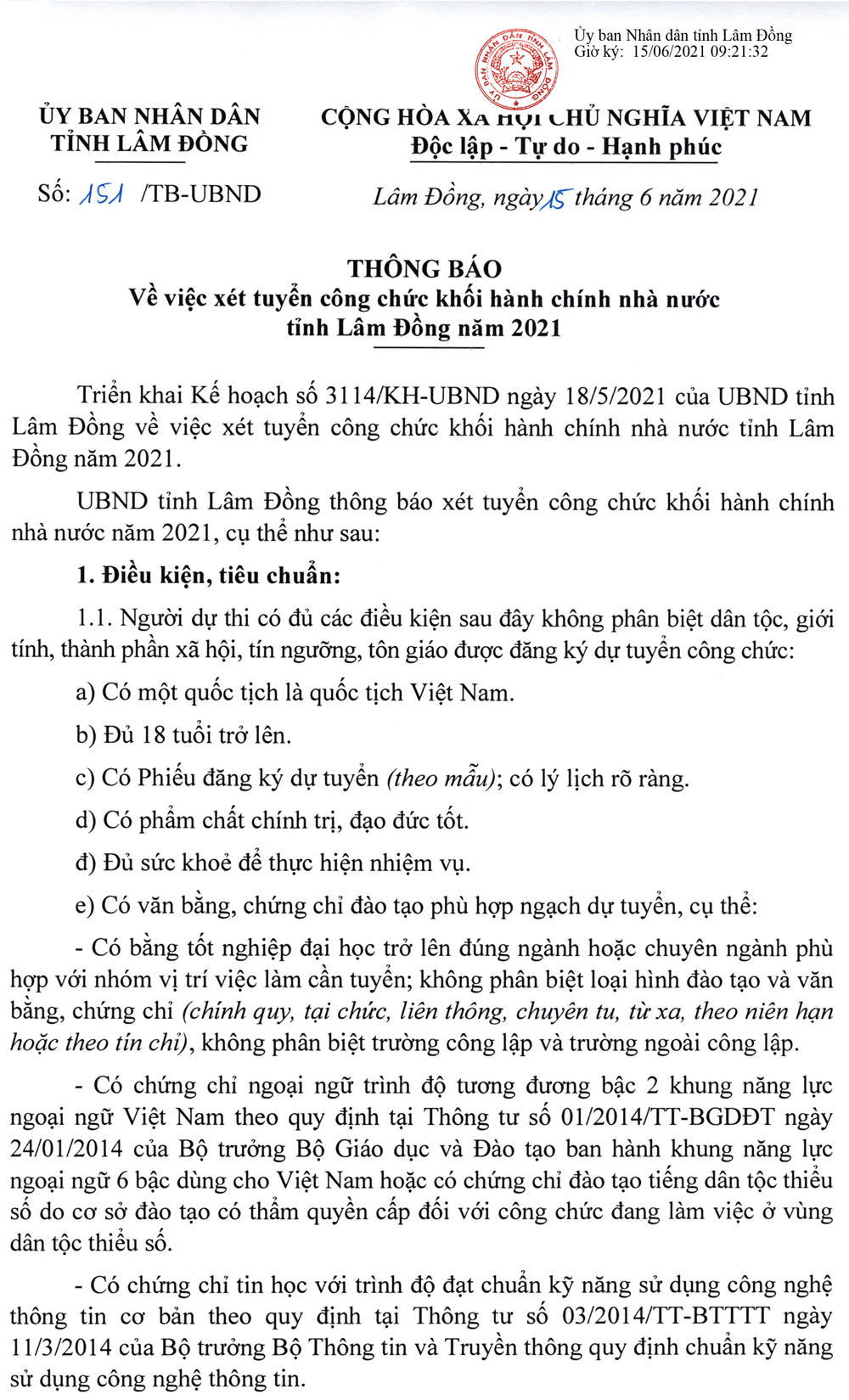Thông báo về việc xét tuyển công chức khối hành chính nhà nước tỉnh Lâm Đồng năm 2021