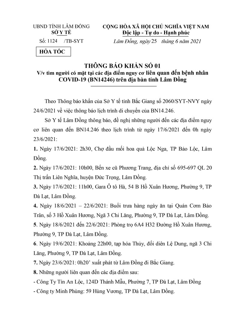 Sở Y tế Lâm Đồng thông báo khẩn số 01